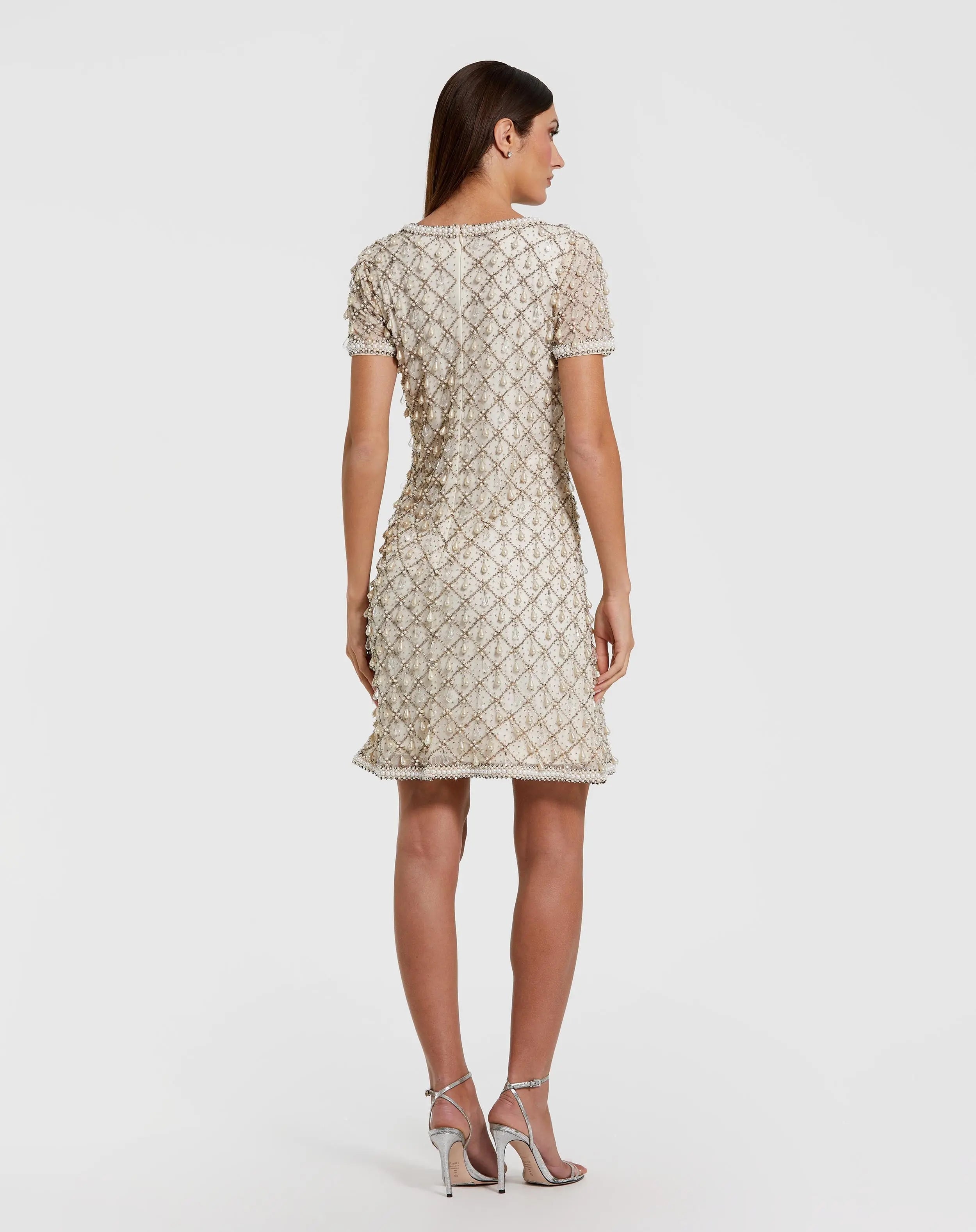 Ivory Pearl Embellished Short Sleeve Mini Dress