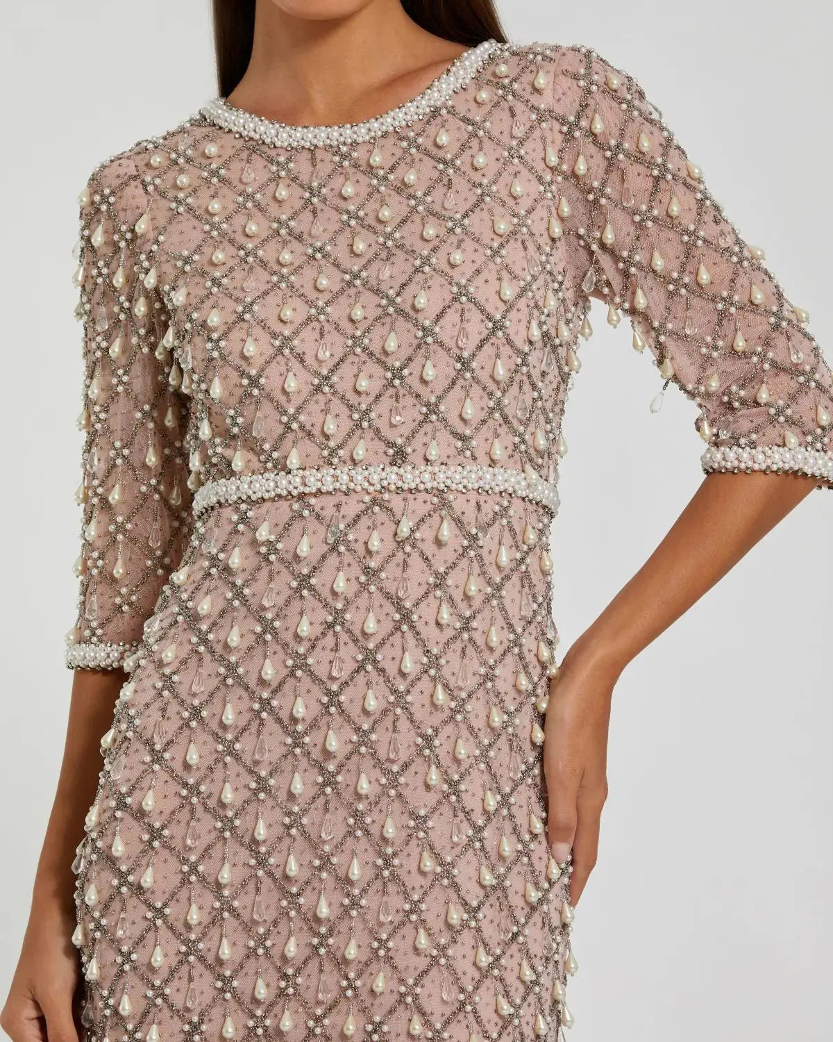 Petite Pink Pearl Embellished 3/4 Sleeve Gown