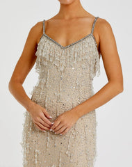 Beige V-Neck Column Gown with Fringe Embellishments