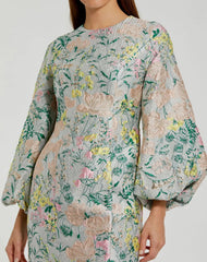 Multicolor Floral Brocade Puff Sleeve Fitted Mini Dress