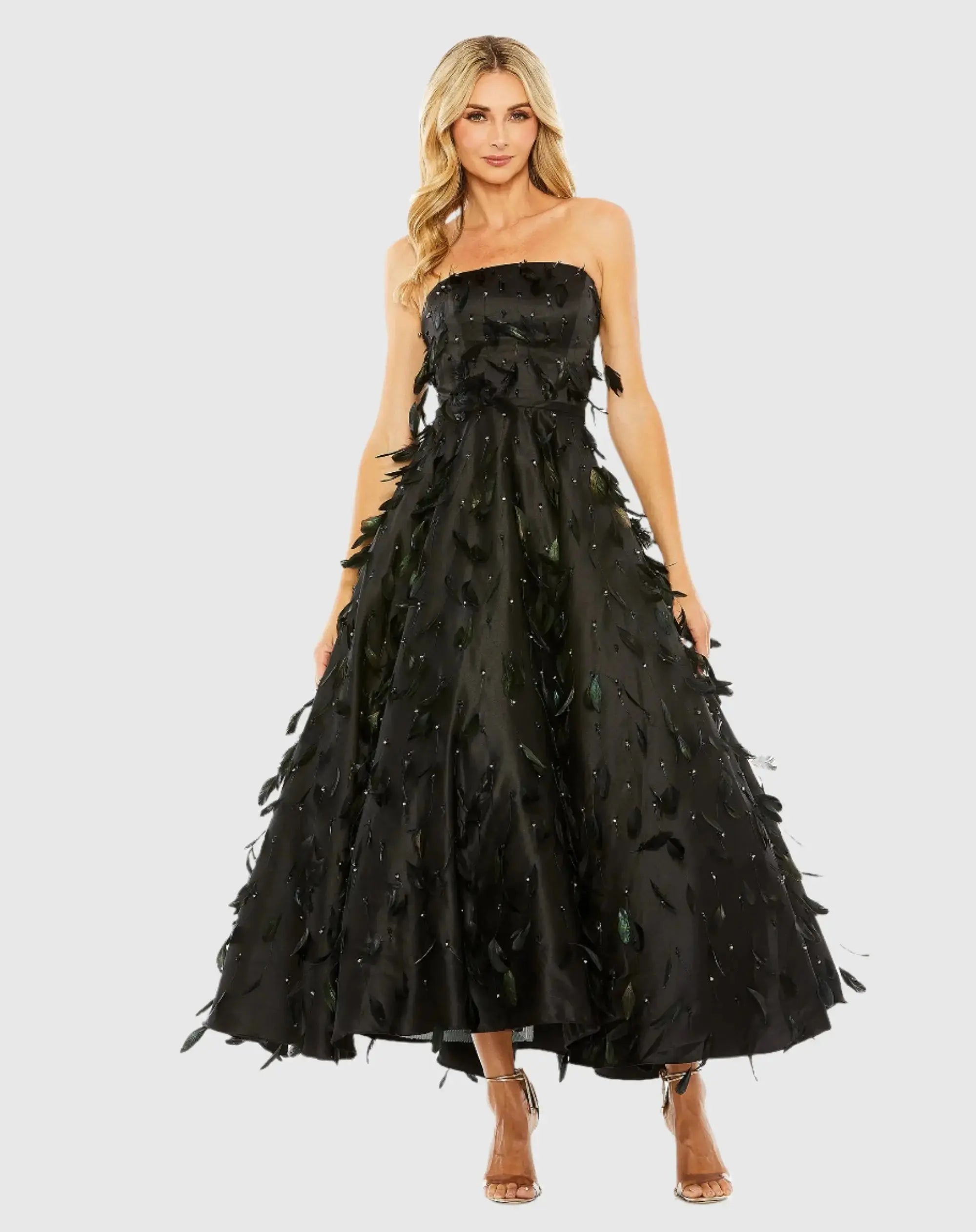 Black Strapless Feather Embellished Satin A-Line Dress