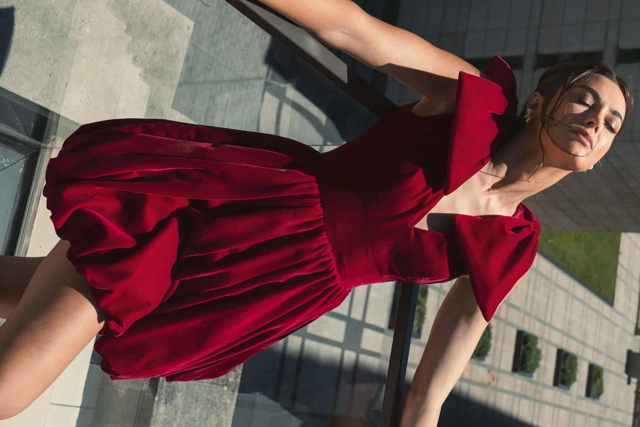 Red Velvet Shoulder Bow Bubble Mini Dress - FINAL SALE