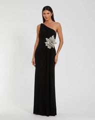 Black One Shoulder Jersey Gown With Rhinestone Flower