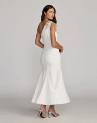 White Crepe One Shoulder Midi Dress with Flower