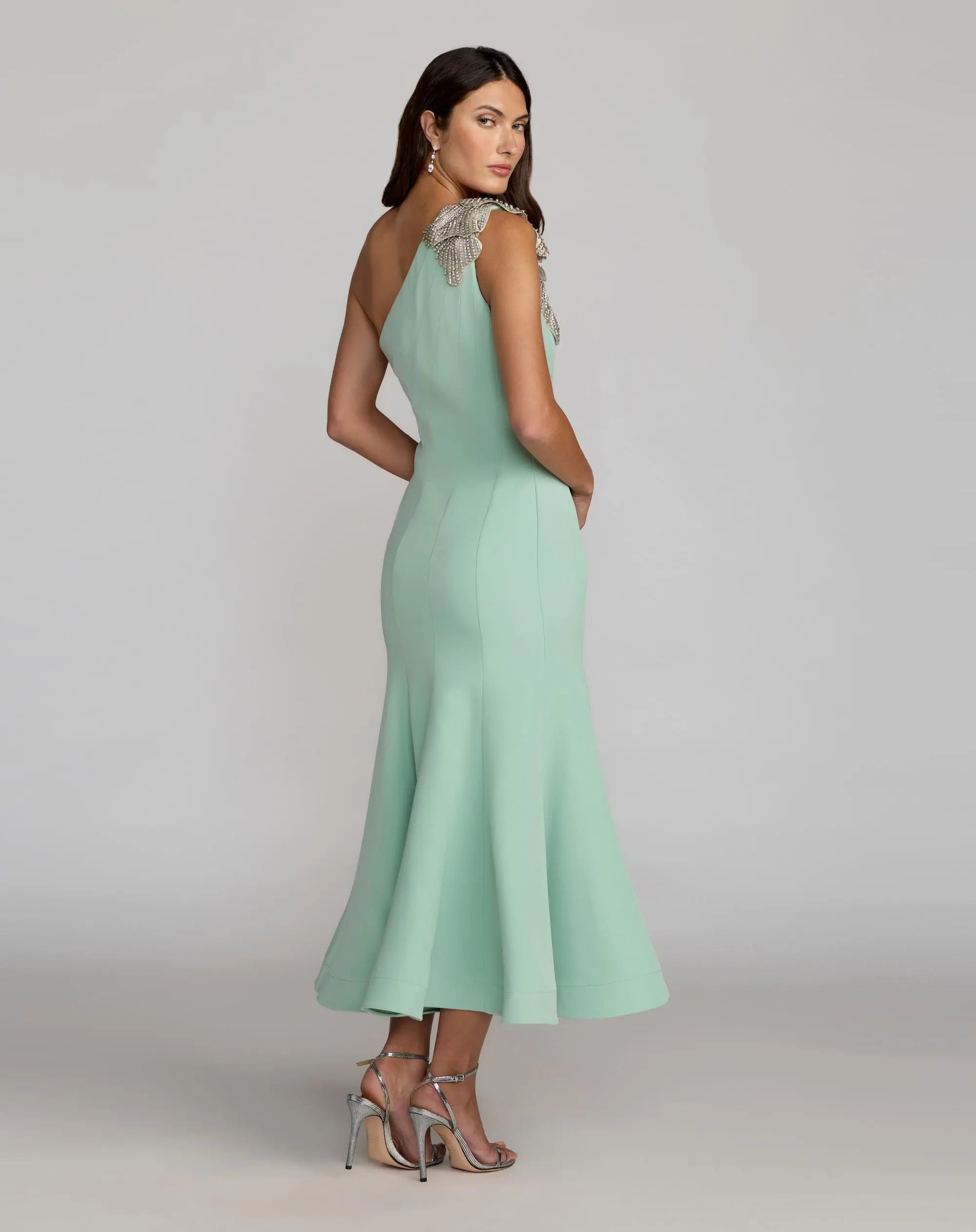 Green Crepe One Shoulder Midi Dress With Flower