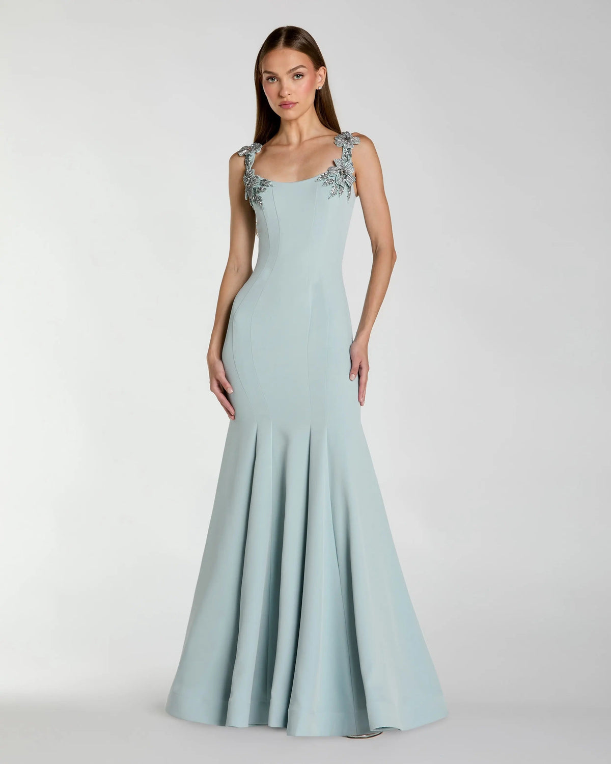Light Blue Scoop Neck Mermaid Gown with Rhinestone Straps