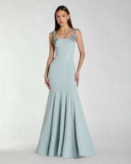 Light Blue Scoop Neck Mermaid Gown with Rhinestone Straps
