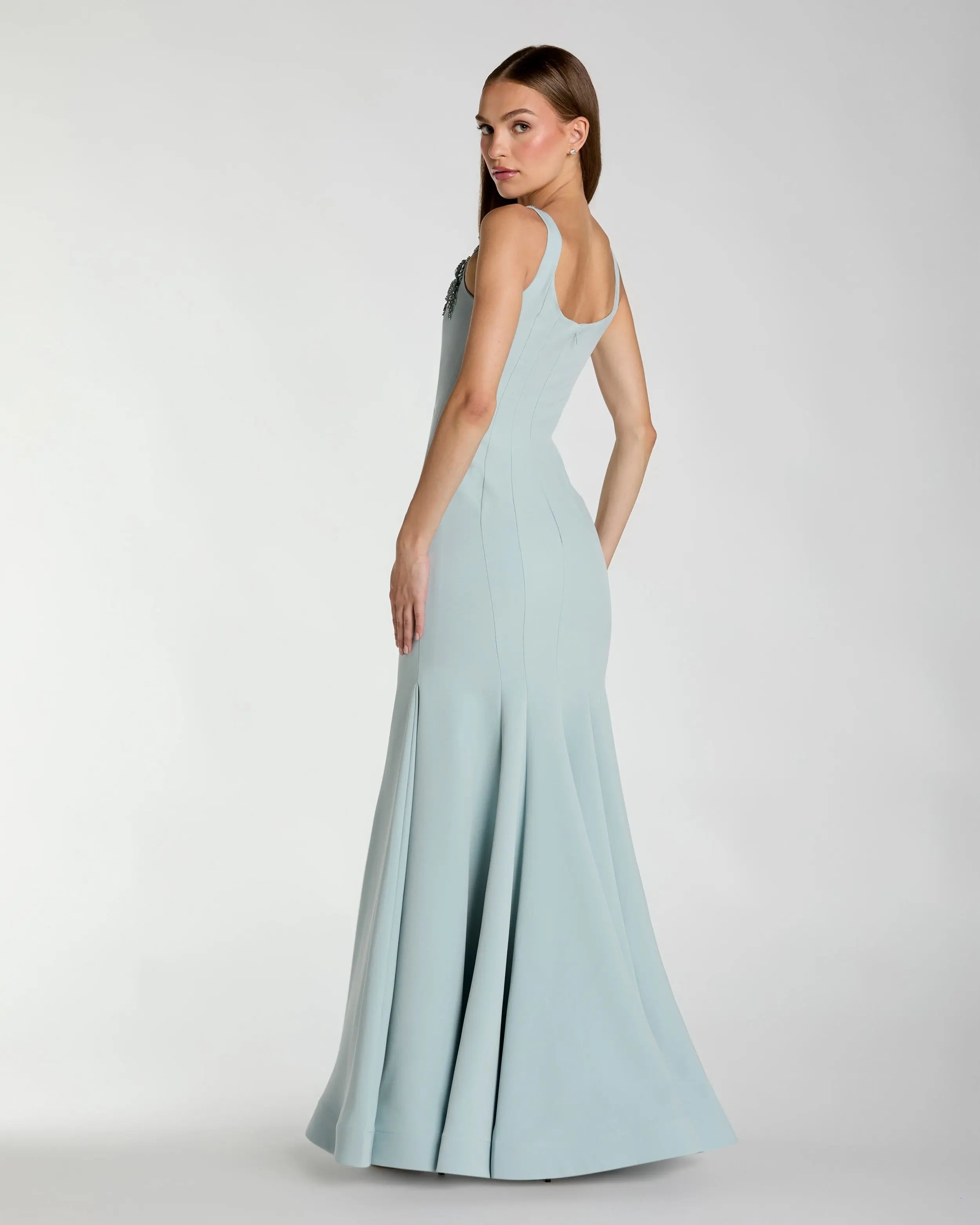 Light Blue Scoop Neck Mermaid Gown with Rhinestone Straps