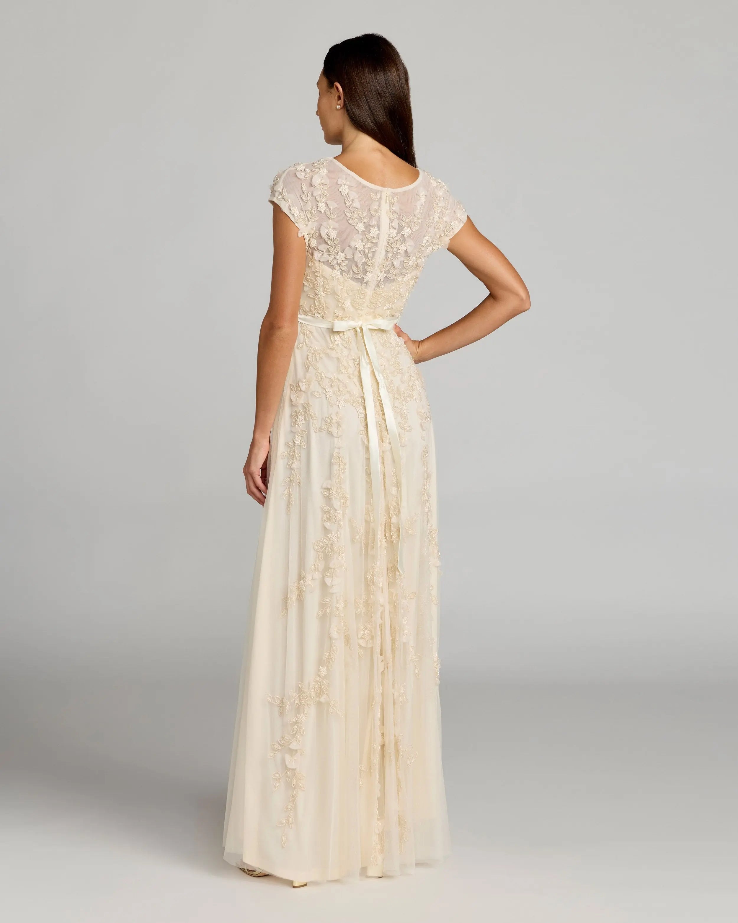 Yellow Floral Embellished Cap Sleeve Gown