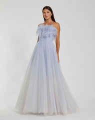 Blue Ombre Strapless Feather Bodice Tulle Gown - FINAL SALE