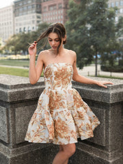 Gold Strapless Brocade Mini Dress with Pockets
