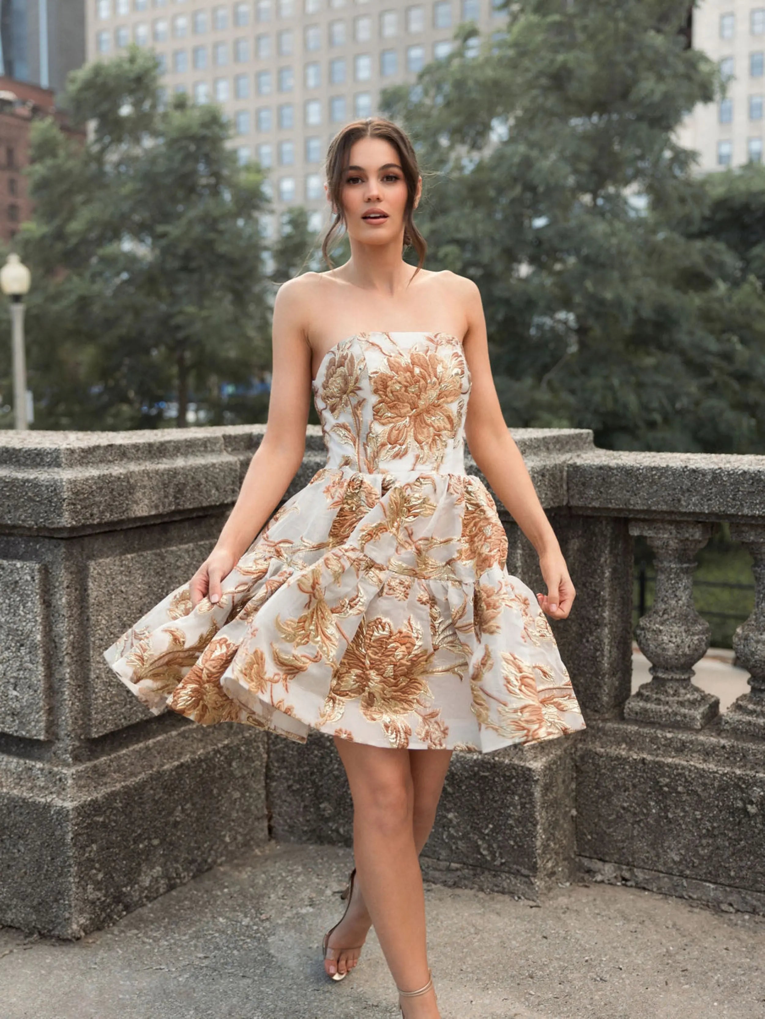 Gold Strapless Brocade Mini Dress with Pockets