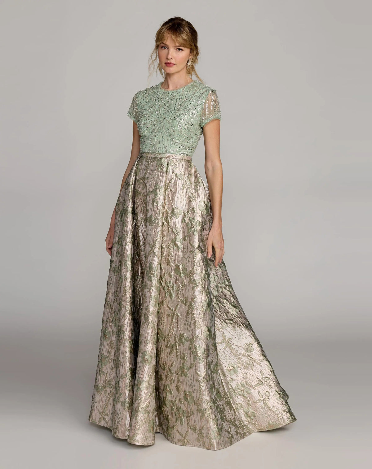 Green Sequin Embellished Floral Jacquard Ball Gown