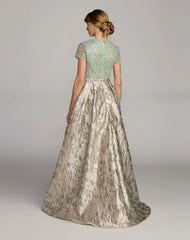 Green Sequin Embellished Floral Jacquard Ball Gown