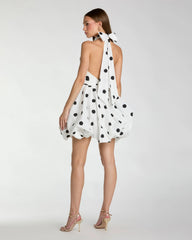 White Polka Dot Halter Mini Dress With 3D Rose
