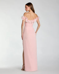 Pink Off The Shoulder Column Gown With 3D Flowers