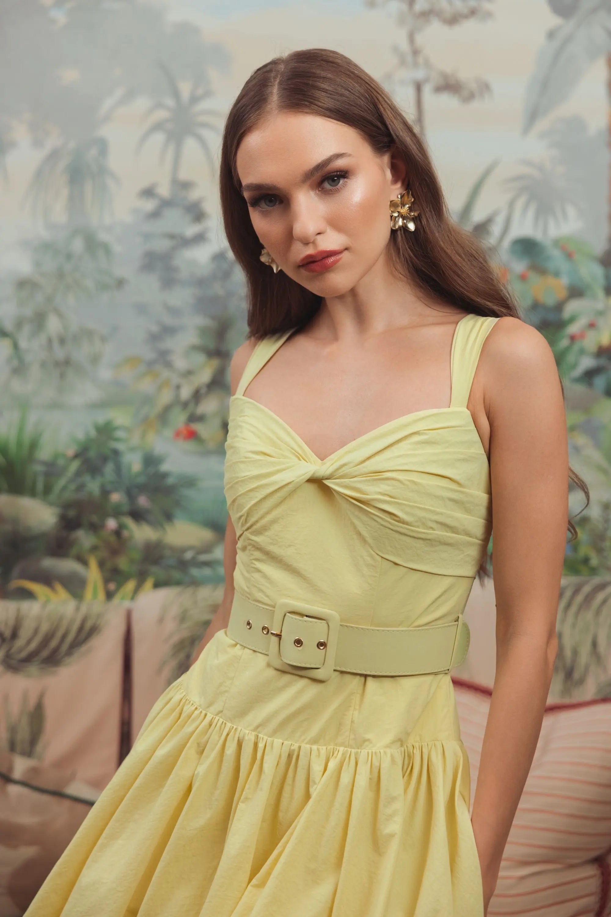 Yellow Sleeveless Faille A-Line Midi Dress With Belt