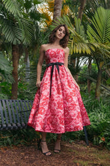 Red Strapless Brocade Midi Dress with Satin Bow