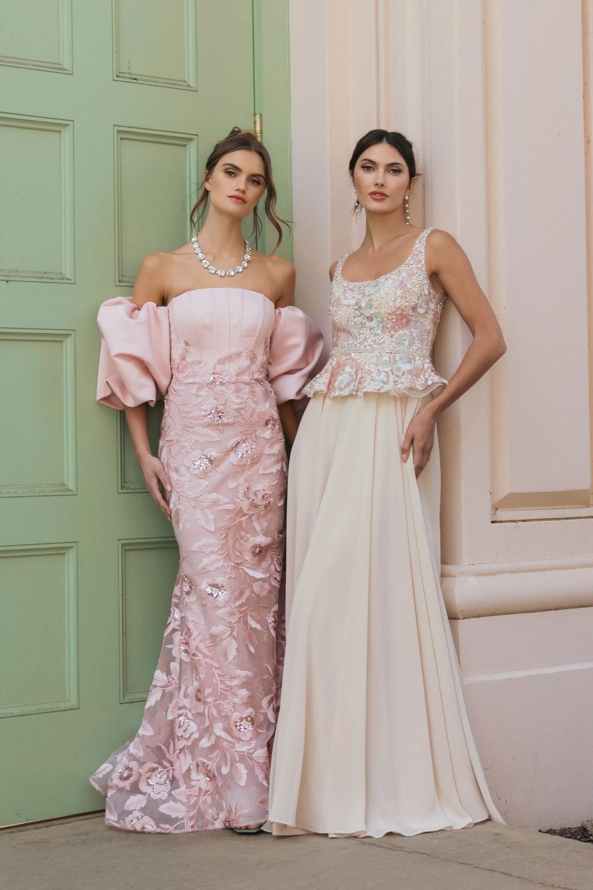 Beige Embroidered Peplum Top With Chiffon Skirt Gown