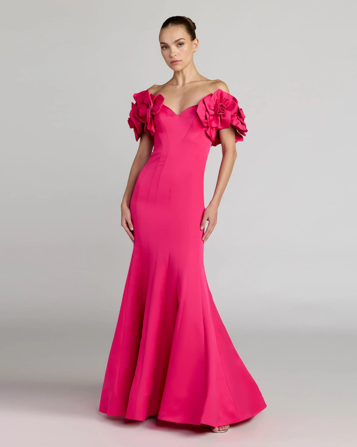 Pink Off The Shoulder Gown With 3D Floral Sleeves