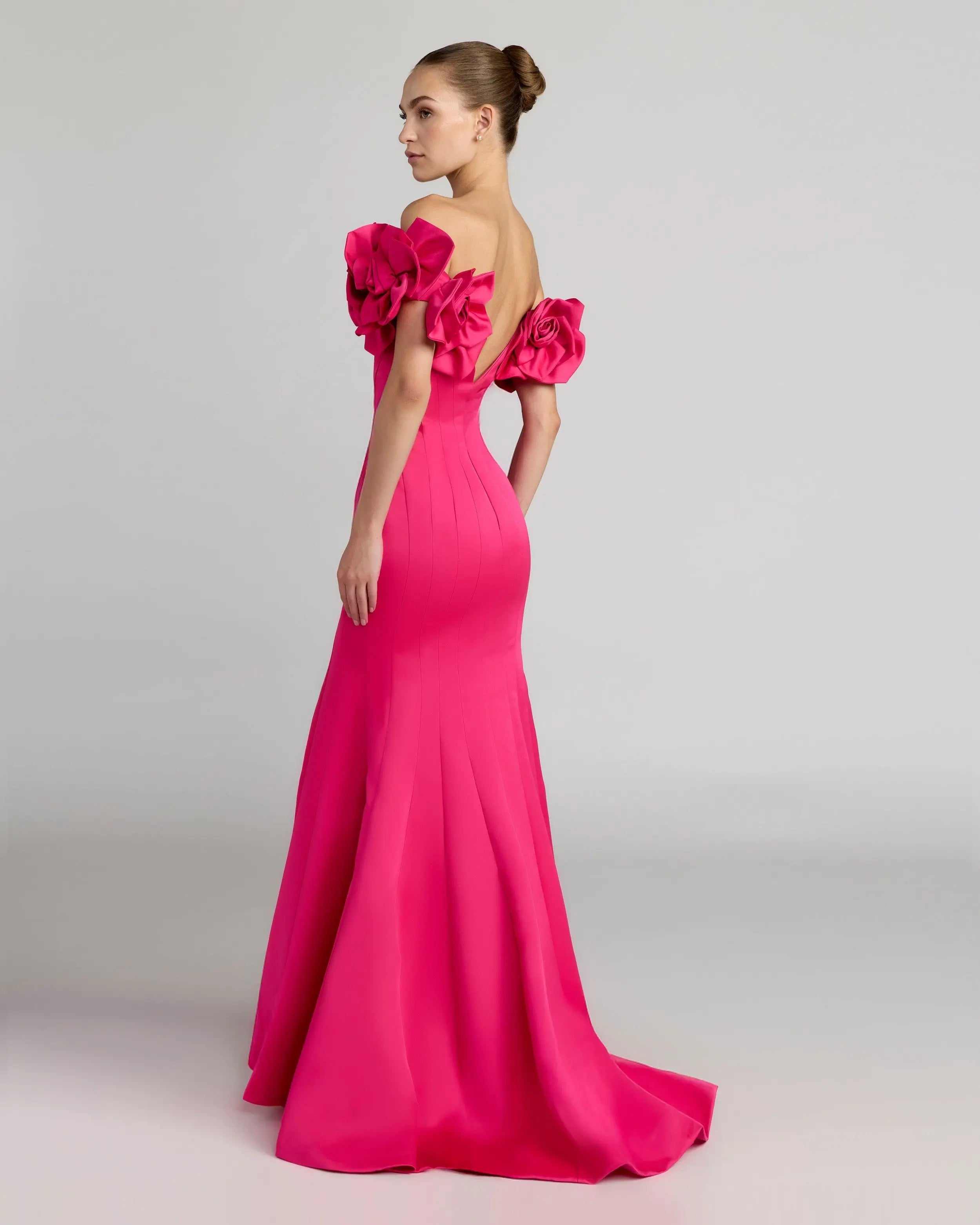 Pink Off The Shoulder Gown With 3D Floral Sleeves