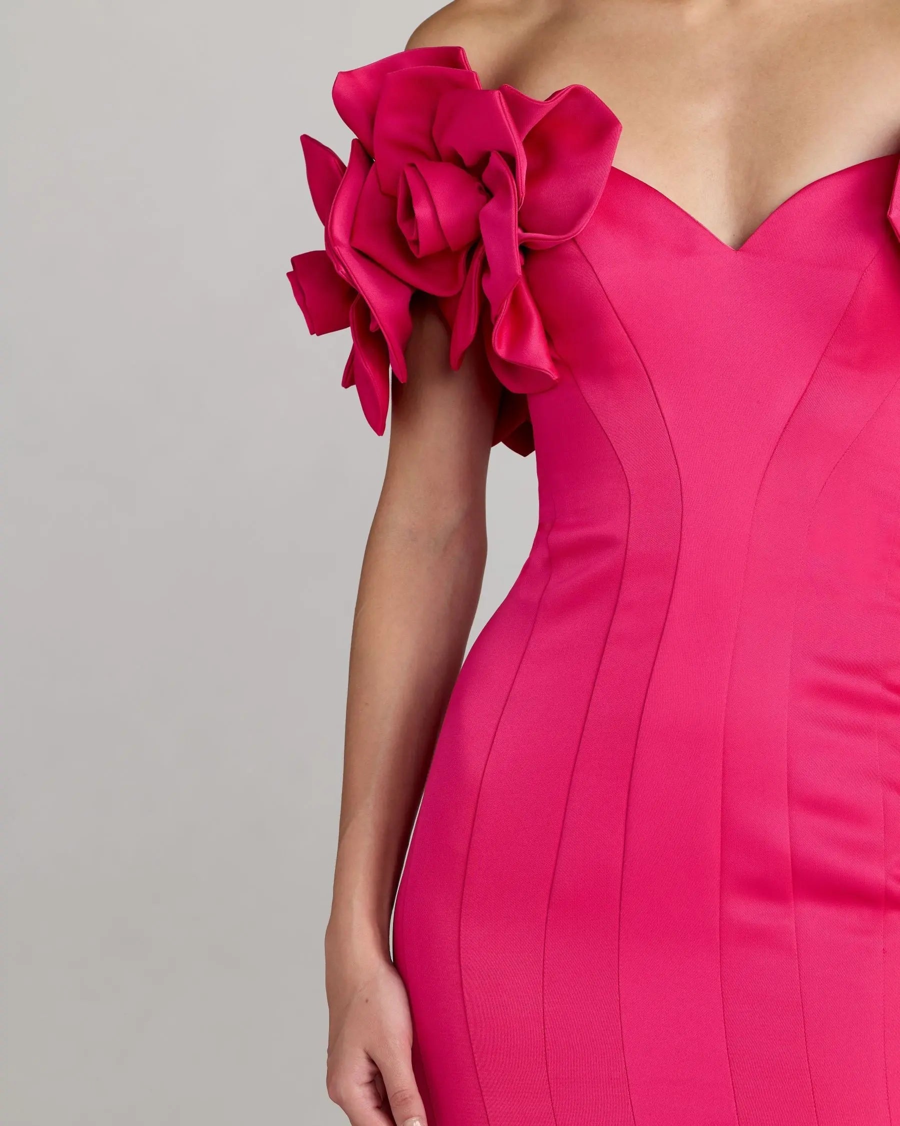 Pink Off The Shoulder Gown With 3D Floral Sleeves