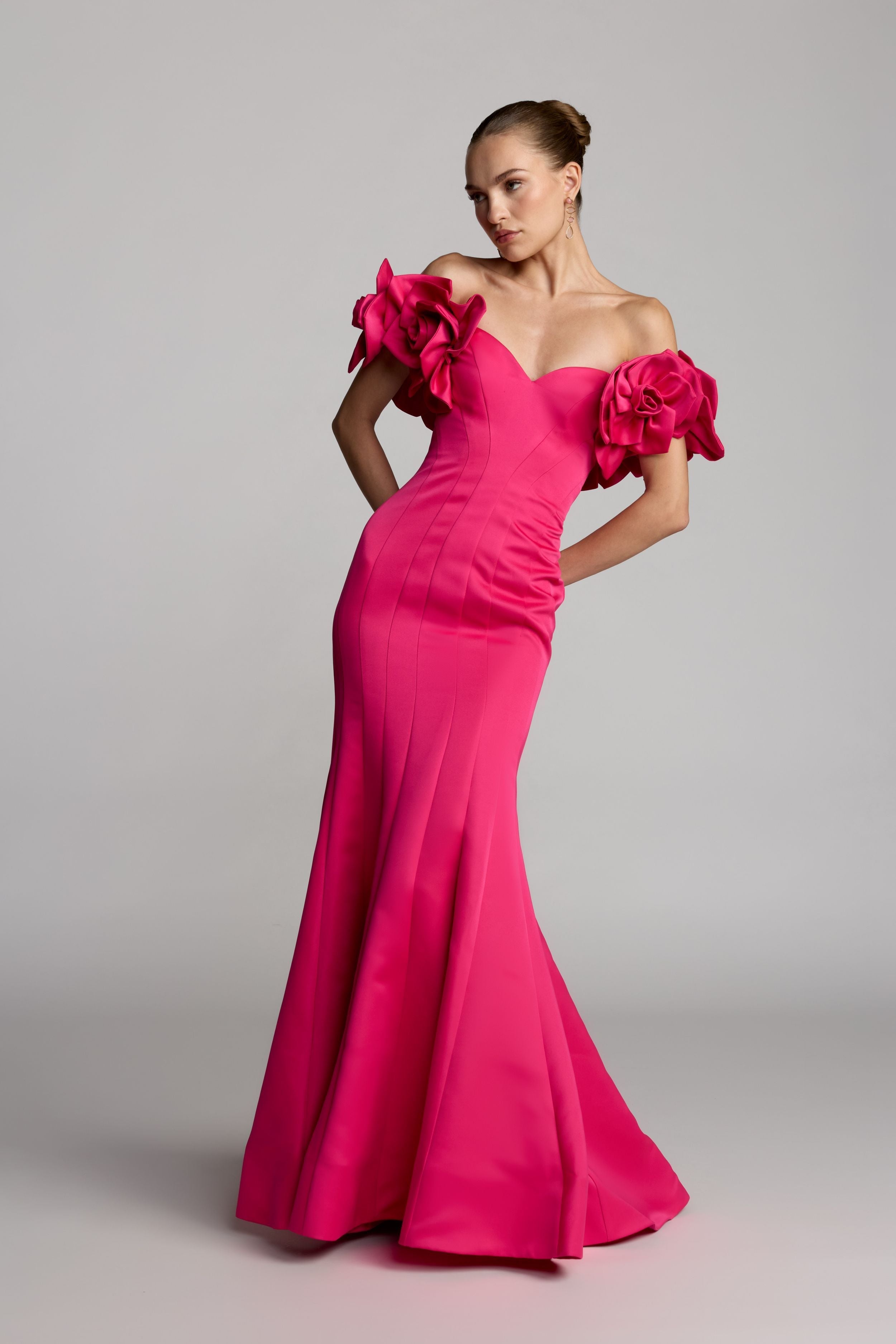 Pink Off The Shoulder Gown With 3D Floral Sleeves