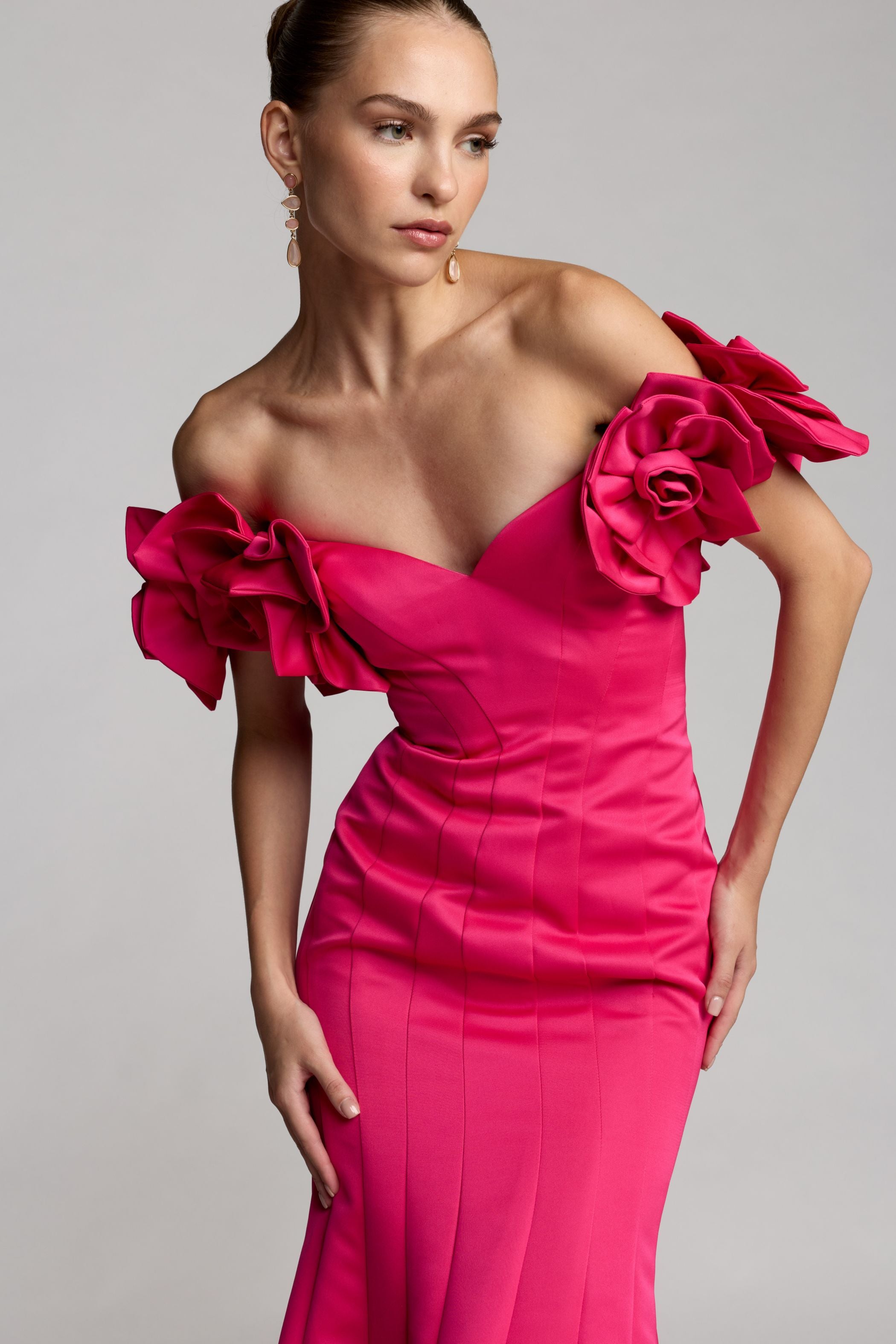 Pink Off The Shoulder Gown With 3D Floral Sleeves