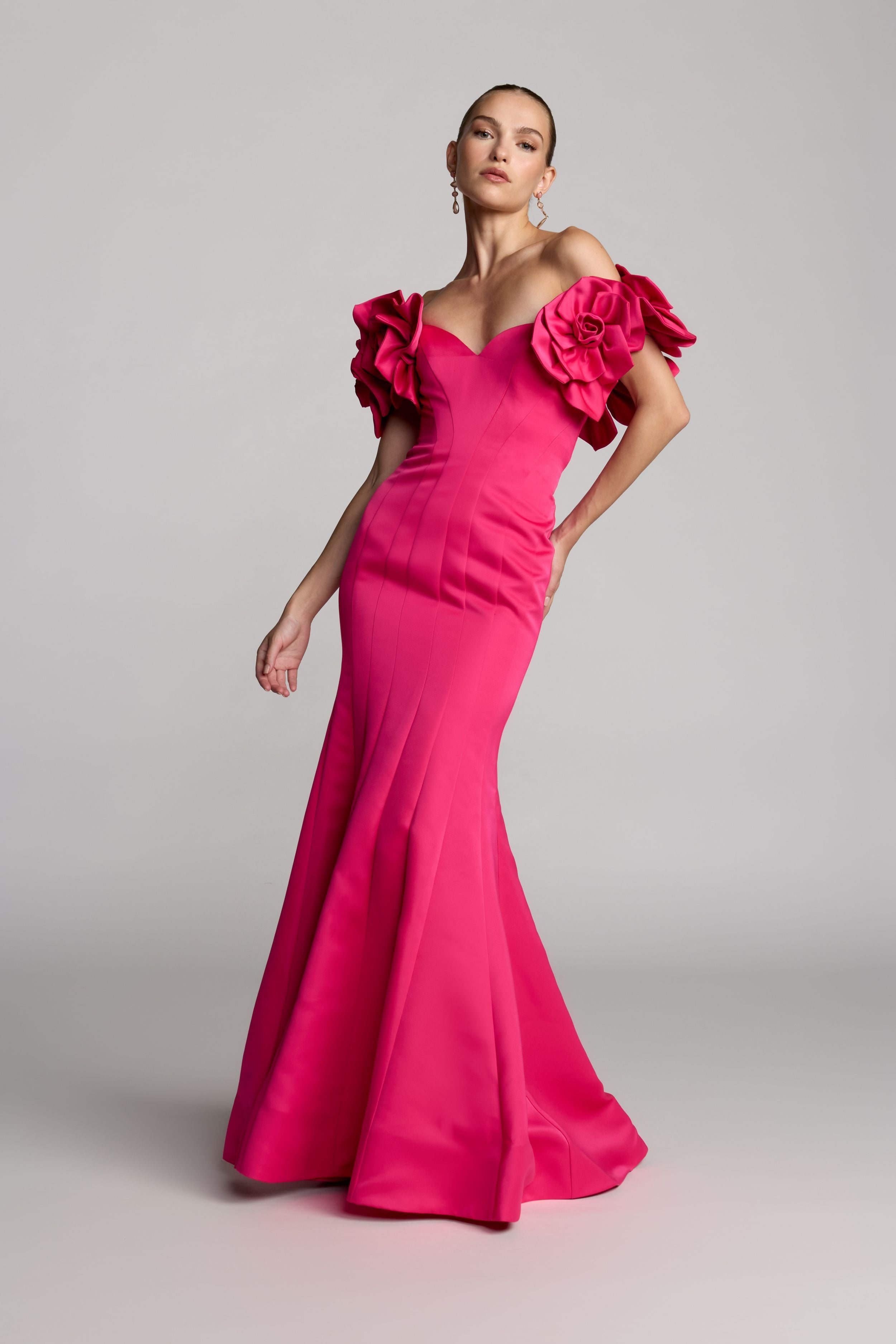 Pink Off The Shoulder Gown With 3D Floral Sleeves