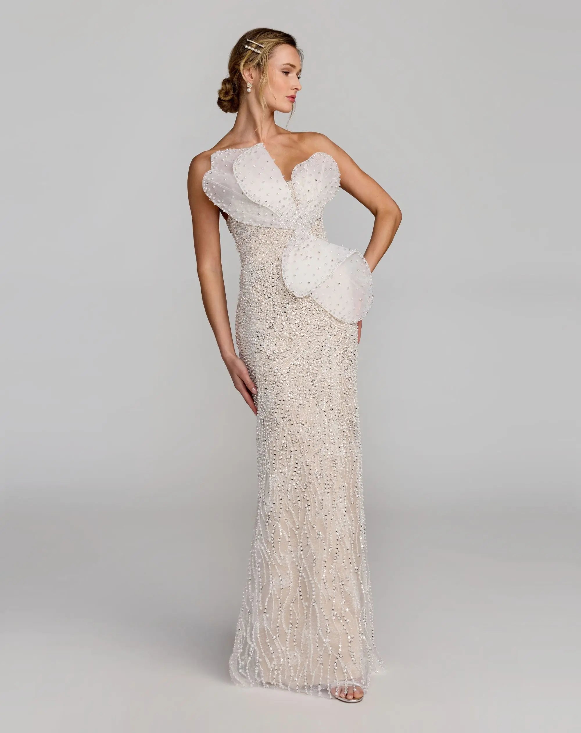 Ivory Strapless Embellished Column Gown With 3D Petals
