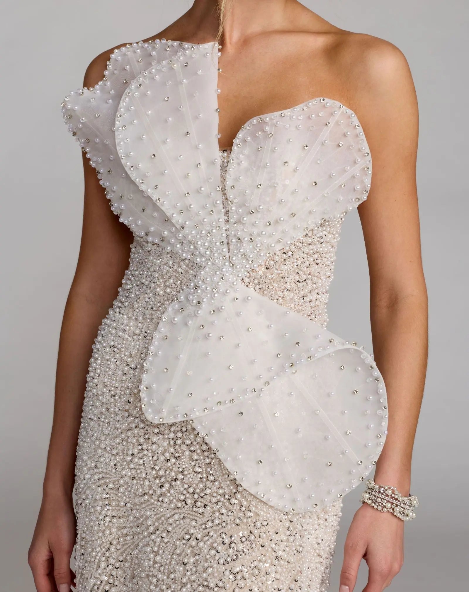 Ivory Strapless Embellished Column Gown With 3D Petals