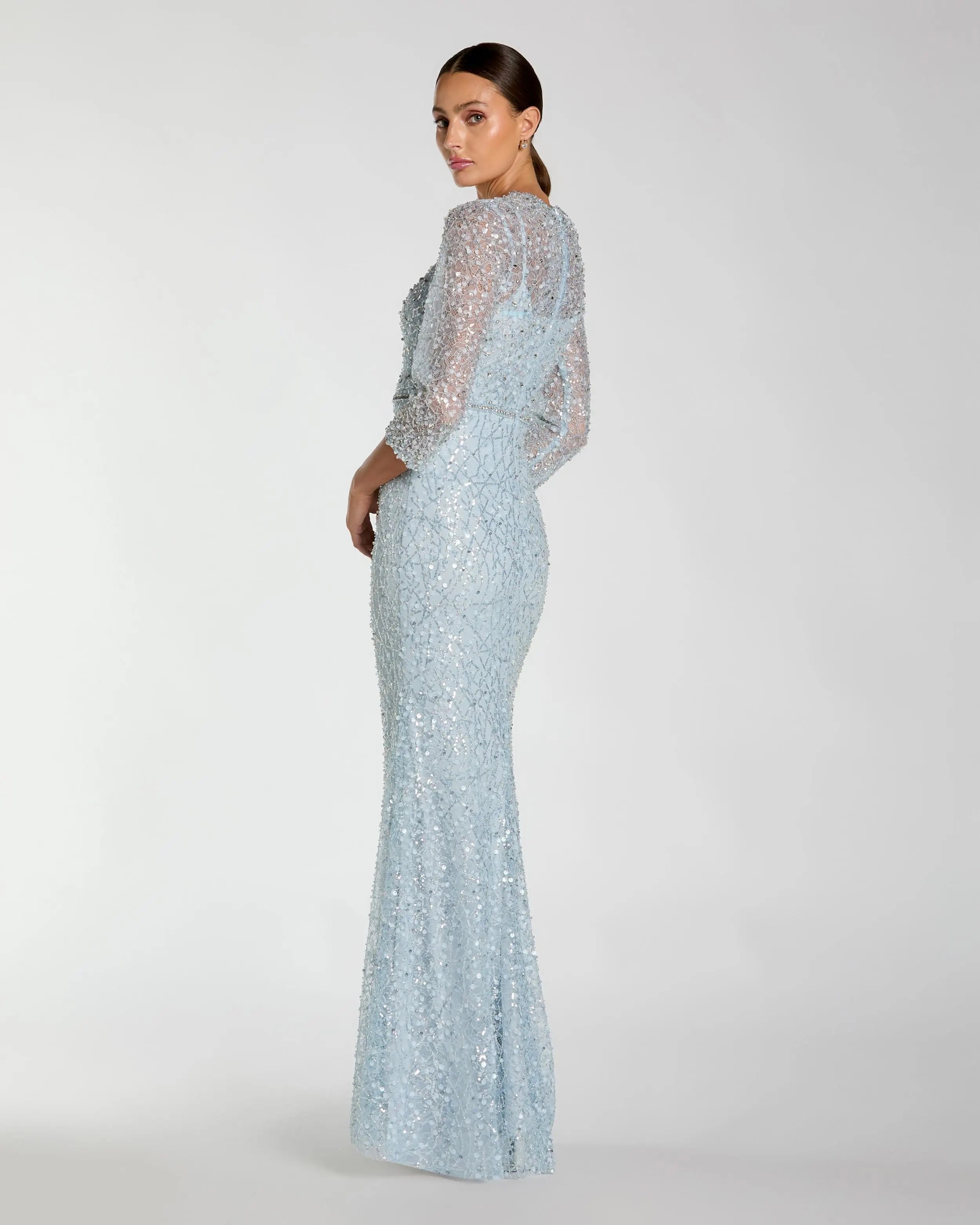 Blue Beaded 3/4 Sleeve Trumpet Gown