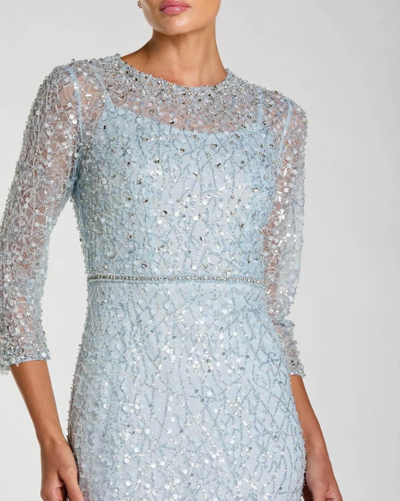 Blue Beaded 3/4 Sleeve Trumpet Gown