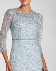 Blue Beaded 3/4 Sleeve Trumpet Gown