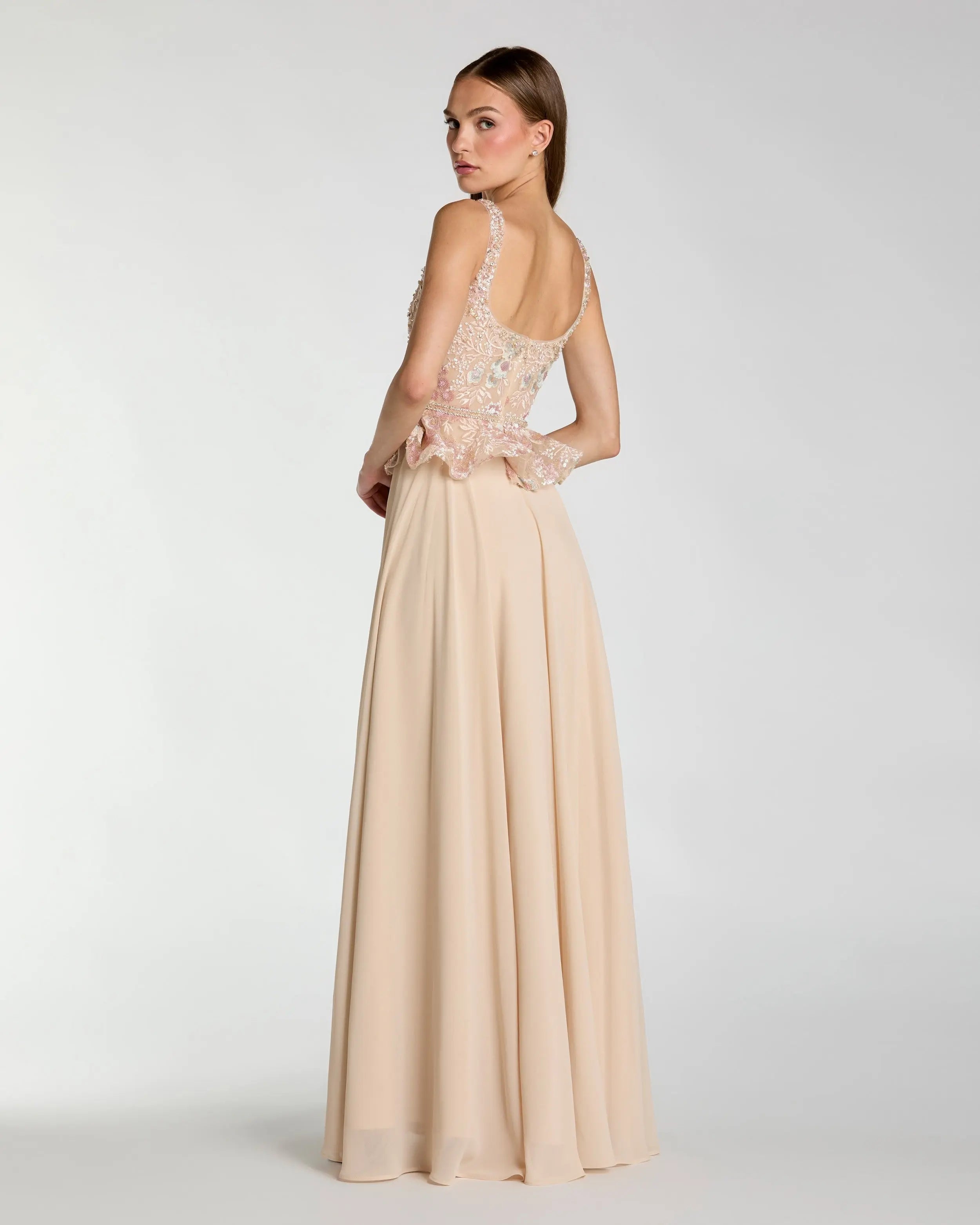 Beige Embroidered Peplum Top With Chiffon Skirt Gown