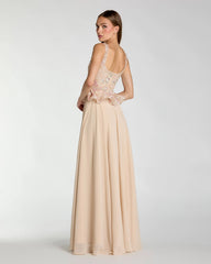 Beige Embroidered Peplum Top With Chiffon Skirt Gown