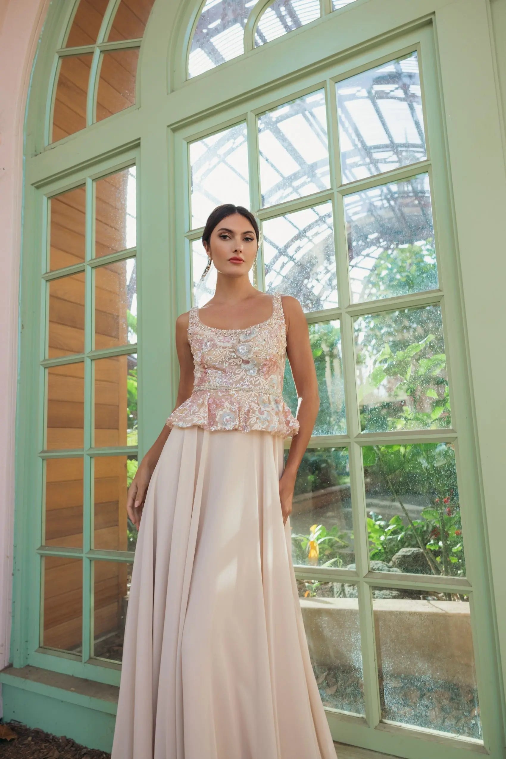 Beige Embroidered Peplum Top With Chiffon Skirt Gown