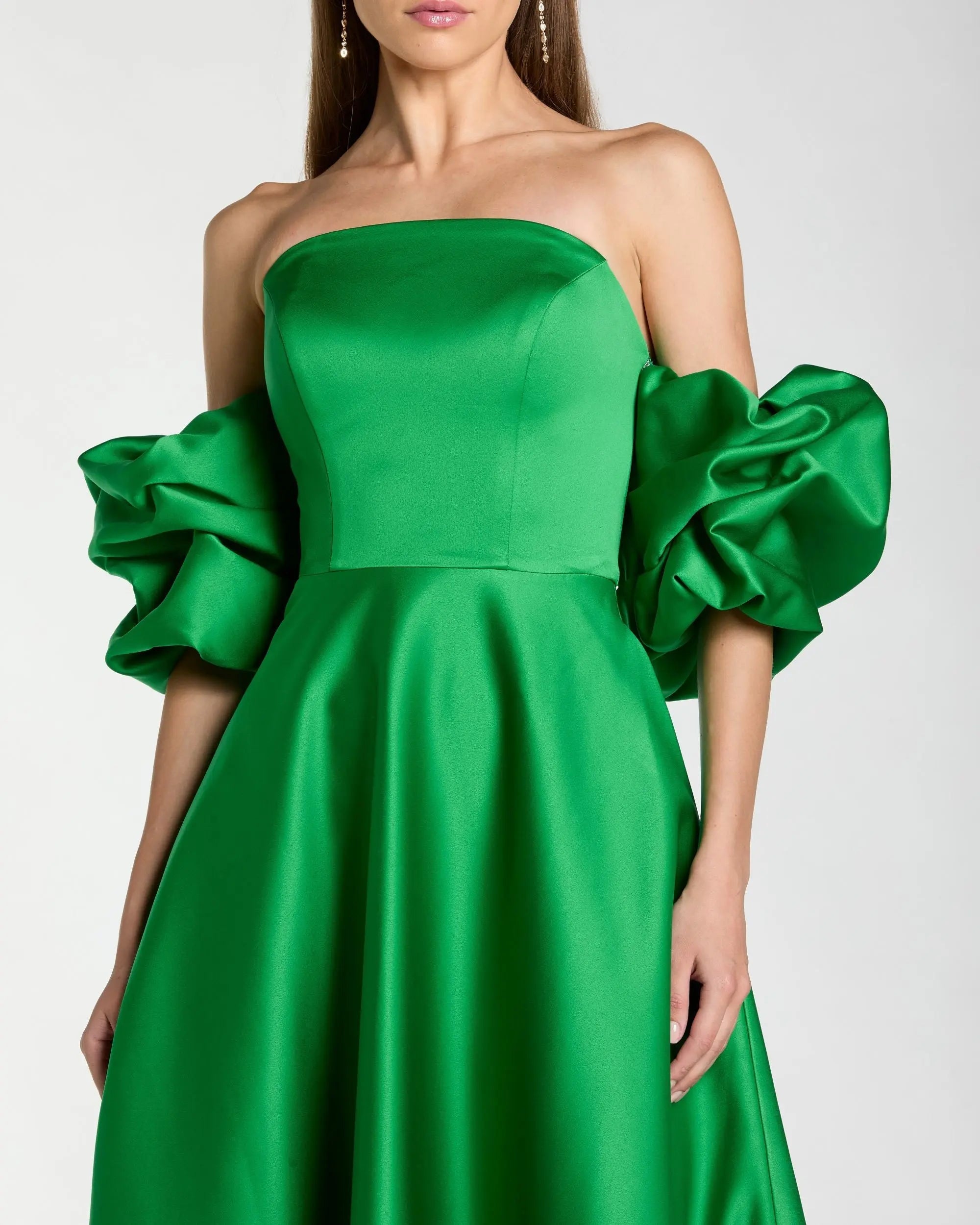 Green Satin Off The Shoulder Puff Sleeve Ball Gown