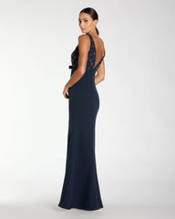 Navy Sleeveless Embellished Crepe Gown With Bow