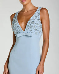 Blue Sleeveless Embellished Crepe Gown With Bow