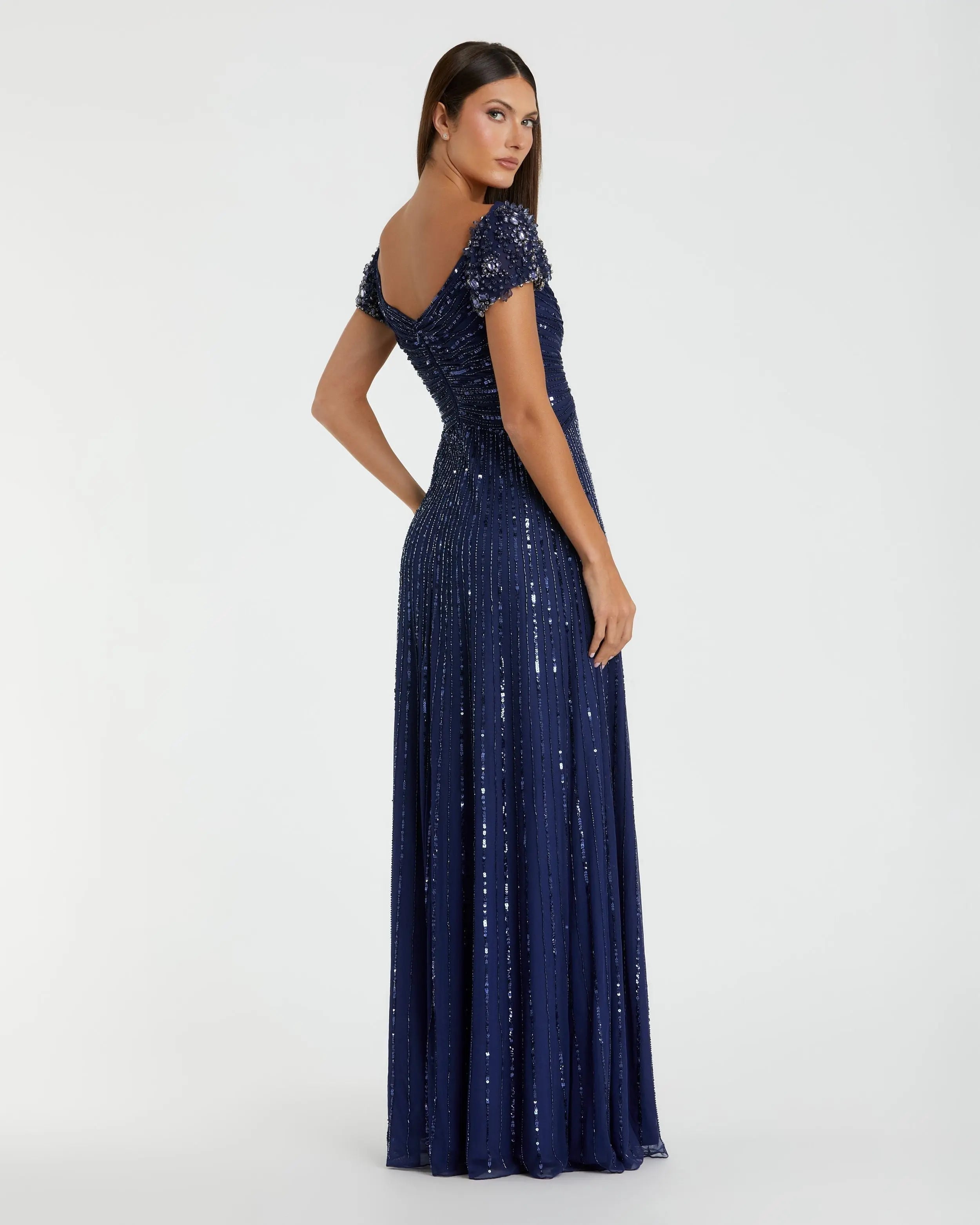 Navy Sequined Evening Gown With Embellished Shoulders
