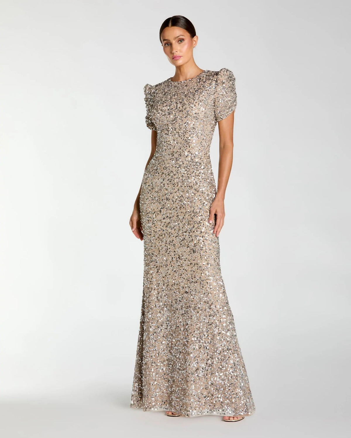 Beige Sequin Trumpet Gown with Puff Sleeves