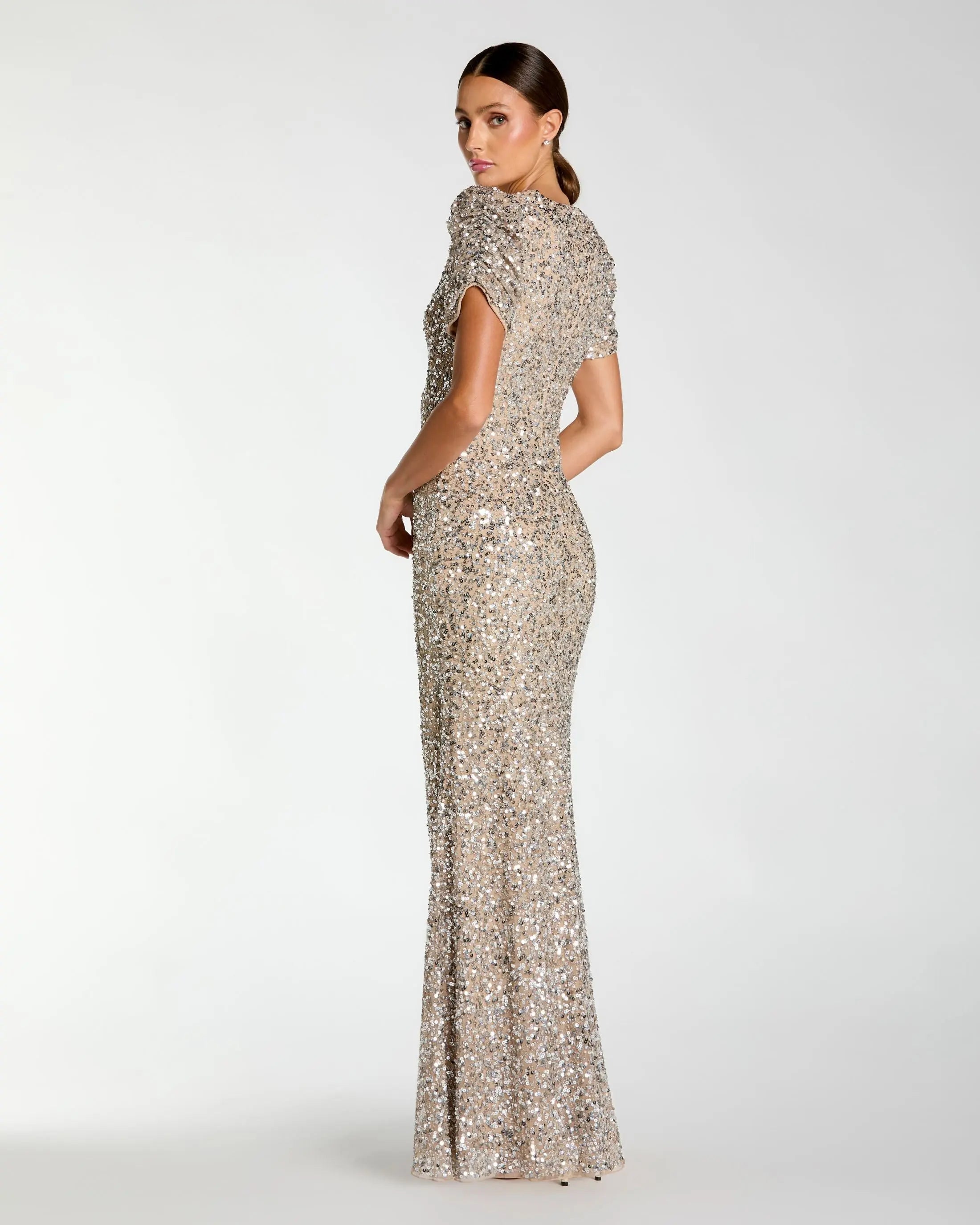 Beige Sequin Trumpet Gown with Puff Sleeves