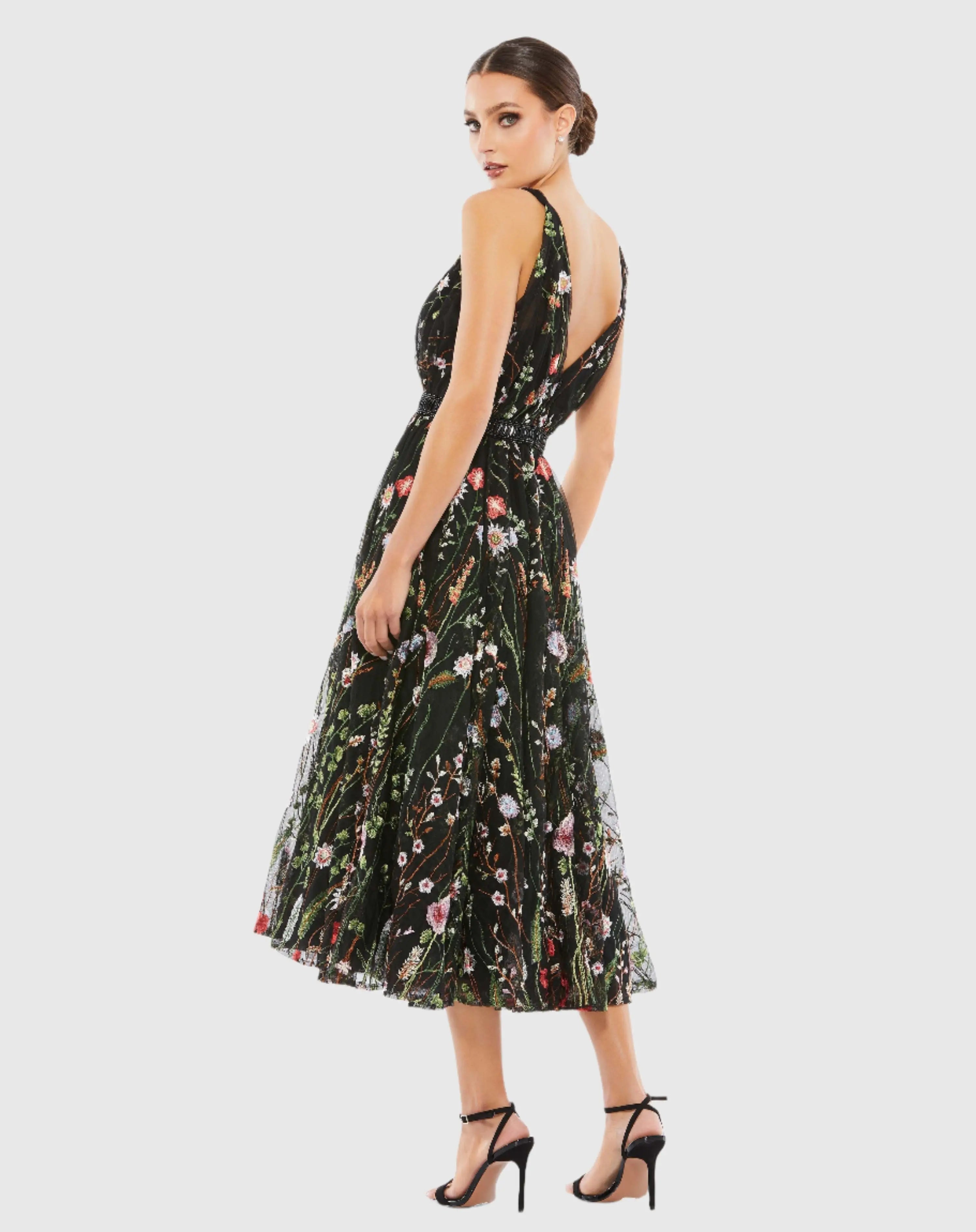 Black Floral Embroidered Midi Dress