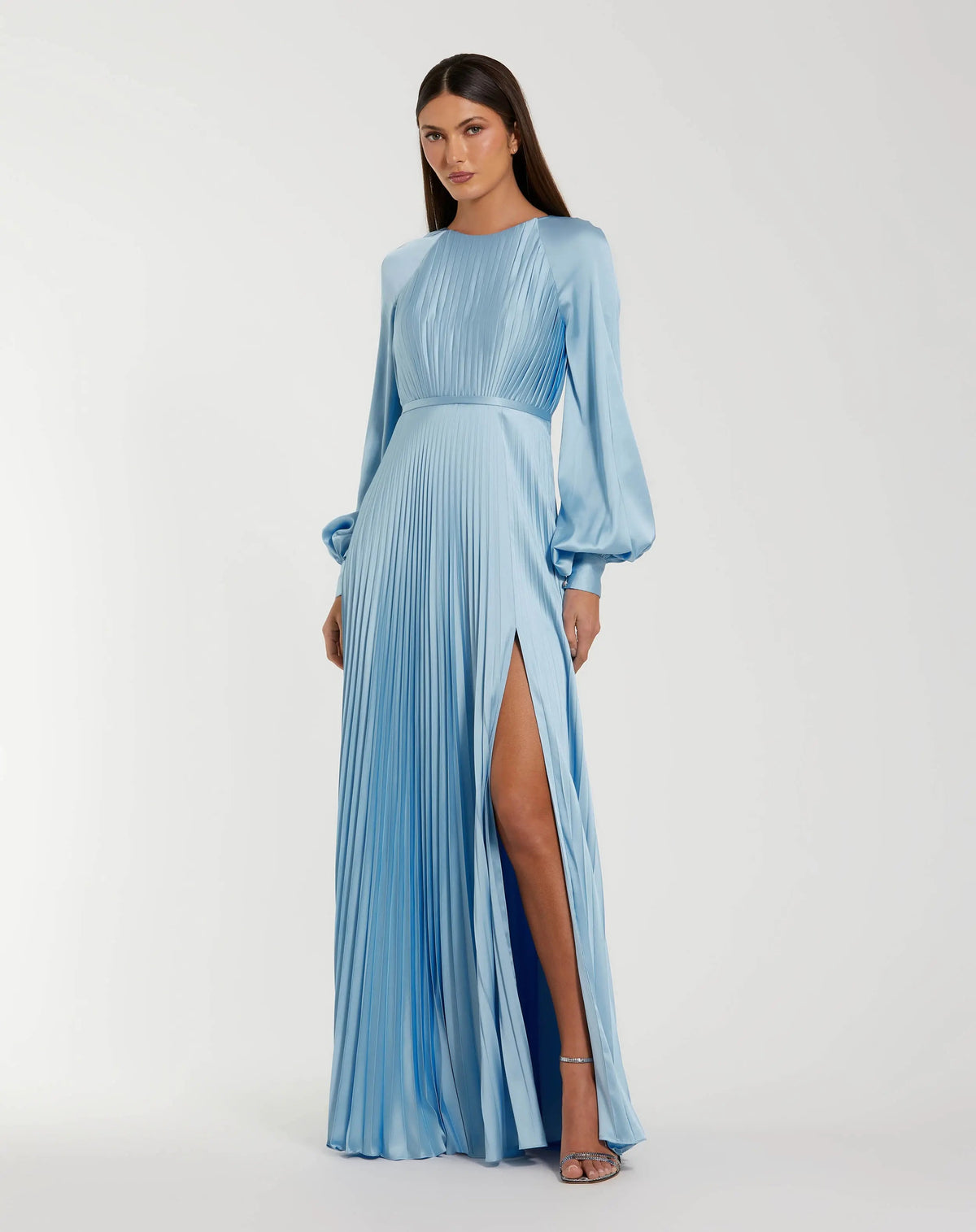 Blue Pleated High Neck Raglan Long Sleeve Side Slit Gown