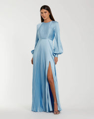 Blue Pleated High Neck Raglan Long Sleeve Side Slit Gown