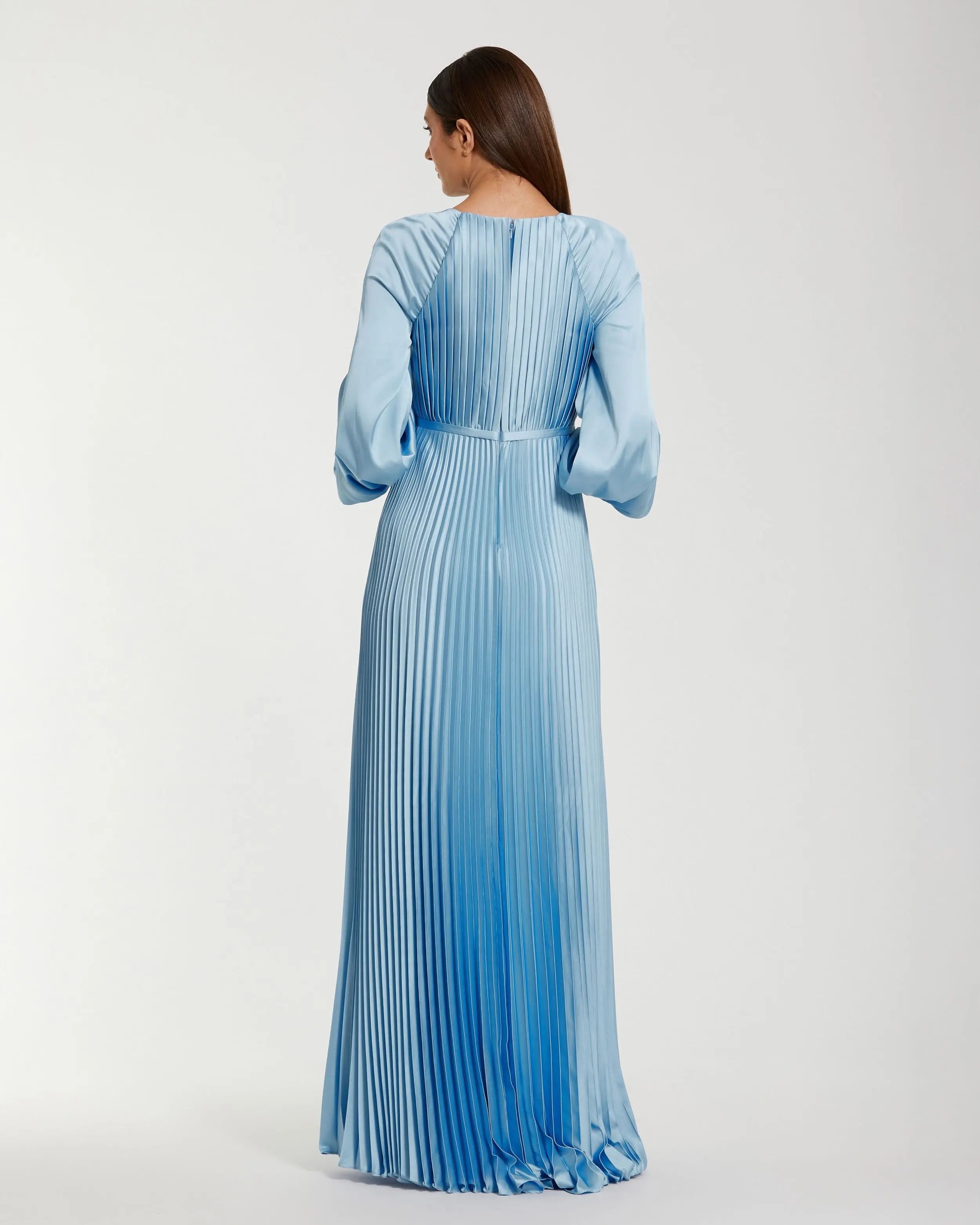 Blue Pleated High Neck Raglan Long Sleeve Side Slit Gown