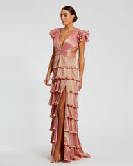 Pink Ruffle Tiered Criss Cross Lace Up Gown