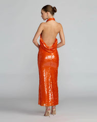 Orange Sequin Halter Neck Open Back Dress