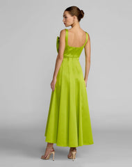 Green Sleeveless Satin Midi Dress With Bow Detail